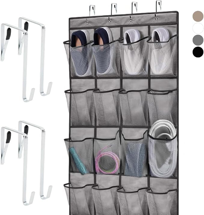 HOME GENIE Over the Door Hanging Shoe Organizer, 24 Breathable Mesh Pockets, Closet Rack Storage Holder, Stay in Place Hooks Hang on Closets, Hanger Holds Up to 40 lbs for Shoes, Accessories, Gray