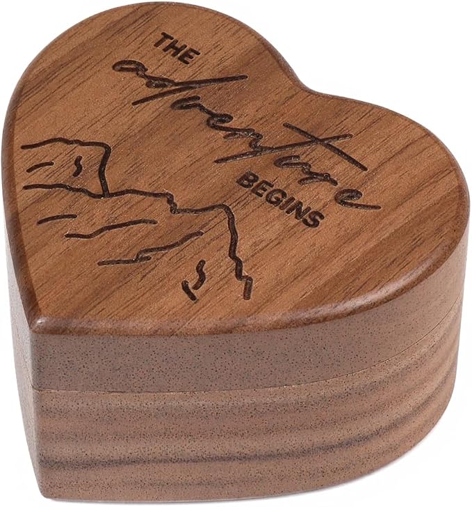 Engagement Proposal Ring Box Secret Slim Engraved Wooden Heart Case | Engrave"The adventure begins", Walnut Wood Ring Bearer Box Jewelry Storage Holder Display for Wedding Ceremony Commemoration