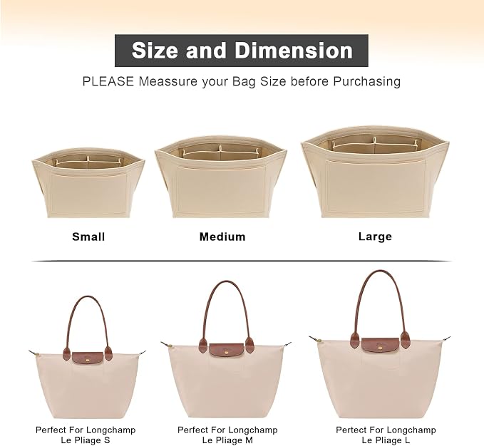 LOUKAYCCI Purse Organizer Insert for Longchamp Le Pliage S Handbag Insert Felt Long Champ Tote Bag Organizer Insert with Cup (Beige, Small)