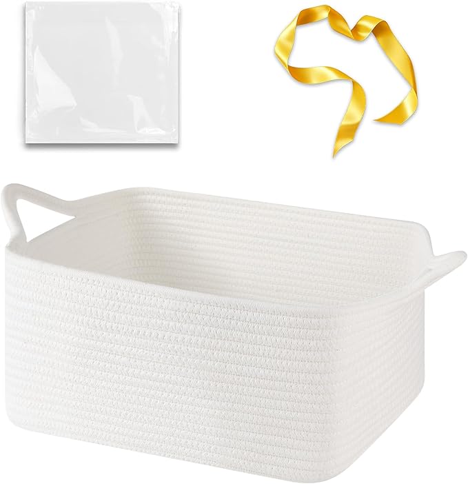 OIASKET Empty Cotton Rope Gift Basket with Handles, 15.4"x11.4"x6.7" Decorative Woven Storage Basket with Gift Bag and Ribbon Set for Baby Shower, Toy Organizer for Kids, Dogs & Cats - Medium White