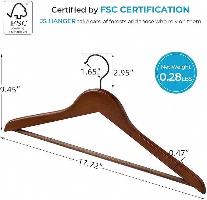 JS HANGER Wooden Coat Hangers, 16 Pack High Grade Wood Suit Hangers with Non Slip Pant Bar - Extra Smooth and Splinter Free, Retro Finish