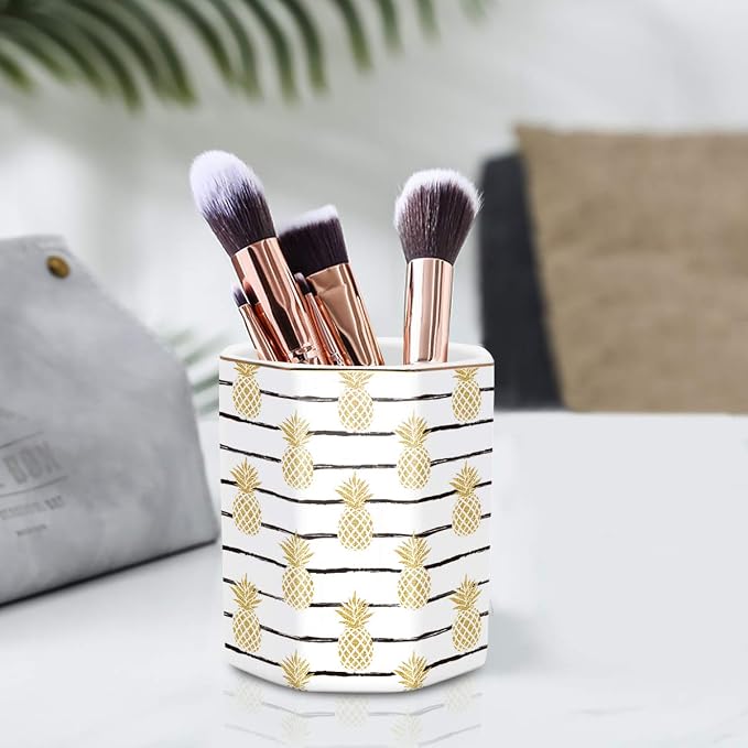 Pen Holder, Pencil Holder for Desk Pineapple Pattern Pencil Cup for Girls Kids Durable Ceramic Desk Organizer Makeup Brush Holder for Office, Classroom, Home, Yellow Pineapple