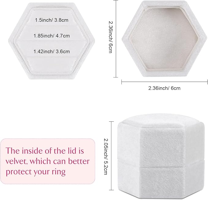 WantGor Velvet Jewelry Ring Box, 3 Slots Hexagon Ring Gift Box Ring Holder | Vintage Ring Display Case for Wedding Ceremony Proposal Engagement (White)