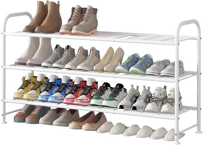 LINZINAR Shoe Rack Long 3 Tier Shoe Storage Organizer Metal Wide Shoe Shelf for Closet Entryway Bedroom 24 Paris Large Capacity, Black (White, 3-Tier)