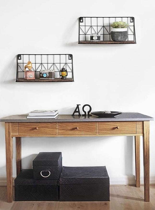 Mkono Floating Shelves Wall Mounted Set of 2 Rustic Wood Storage Display Shelf with Metal Wire Basket 11.4 Inches, Hanging Shelf for Bedroom Bathroom Living Room Kitchen Office, Brown,Small