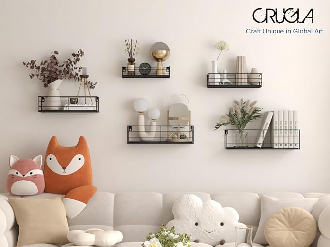 CRUGLA Floating Shelves Wall Mounted Set of 5, Black Hanging Storage Wall Shelf for Bathroom, Kitchen, Bedroom, Living Room Home Decor