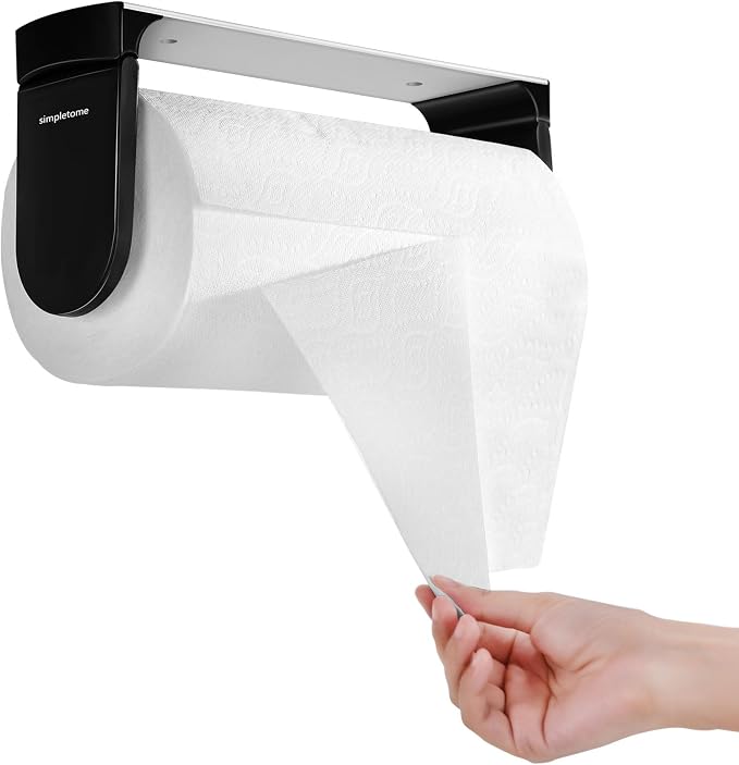 simpletome ONE Hand Tear Paper Towel Holder Under Cabinet Adhesive or Drilling Installation Aluminum Alloy + ABS (Black) | tension arms, tear one/more sheets at one time | aluminum alloy+abs | adhesive or drilling for wall/cabinet | for 28cm roll