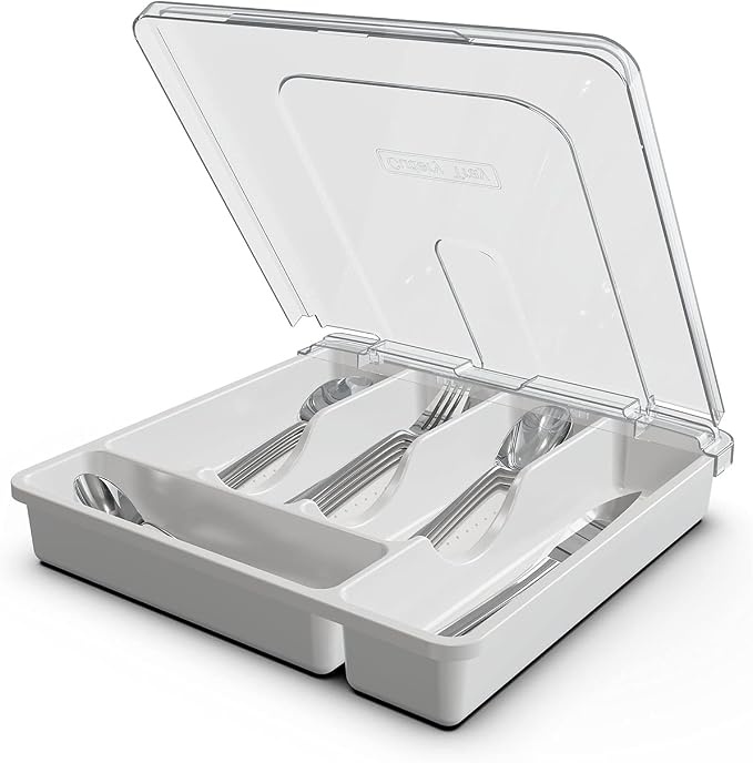 Silverware Organizer with Cover, Portable Cutlery Holder Flatware Tray with Lid Plastic Silverware Storage Box (White)