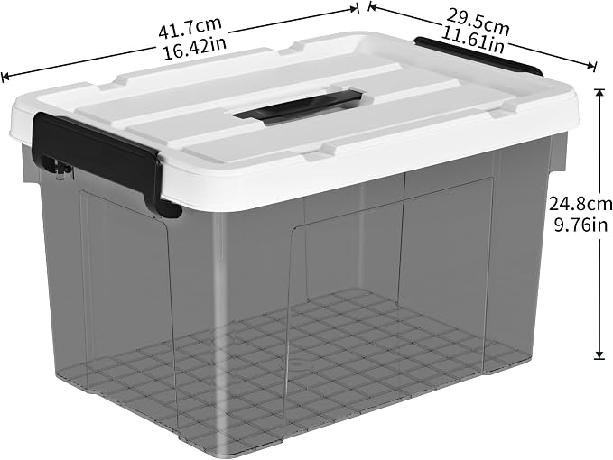 Cetomo Lidded Storage Bin with Handle, Tote Organizing Container with Durable Lid and Secure Latching Buckles, Stackable and Nestable, Plastic, 25 Quart-3 Pack, Clear Black