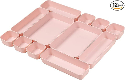 Set Of 12 Pink Color Plastic Desk Drawer Organizers For Makeup Bathroom Office Kitchen Vanity Drawer Storage Box Container