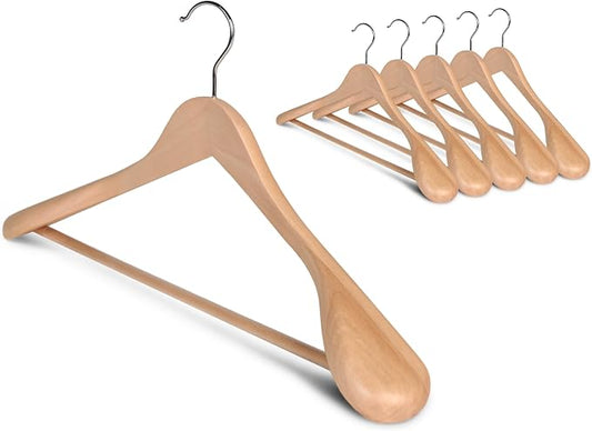 StorageWorks Wooden Hangers 6 Pack, Extra Wide Shoulder Wood Coat Hanger for Coats, Shirts, Jackets, Pants, Suits, Natural Wood Color
