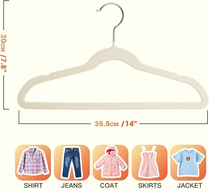 Kids Hangers 50 Pack,14 Inch Kids Velvet Hangers Slim & Space-Saving,Baby Clothes Hangers with 360 Swivel Hook,Heavy Duty Hanger for Infant & Childrens Coats, Pants,and Dress(Beige)