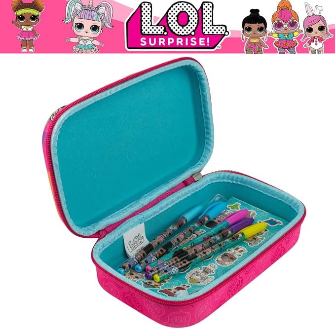 Innovative Designs LOL Surprise Dolls Pencil Case Set with LOL Stickers and Gel Pens for Girls, Molded with Zip Closure, Pink