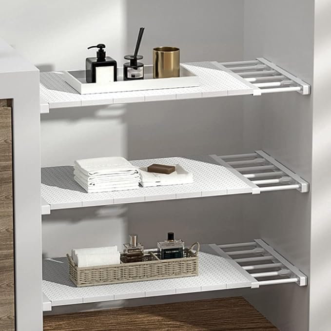 Extendable Closet Shelf Tension Rod Adjustable Clothes Hanger DIY Cabinet Storage Holder Wardrobe Organizer Dividers Shoe Rack 16.54'' Width for Bathroom Kitchen Bookshelf - White