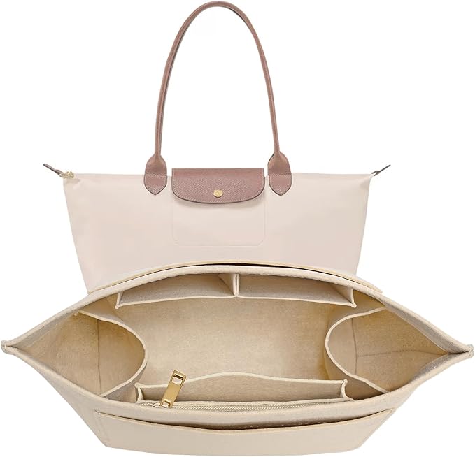LOUKAYCCI Purse Organizer Insert for Longchamp Le Pliage S Handbag Insert Felt Long Champ Tote Bag Organizer Insert with Cup (Beige, Small)