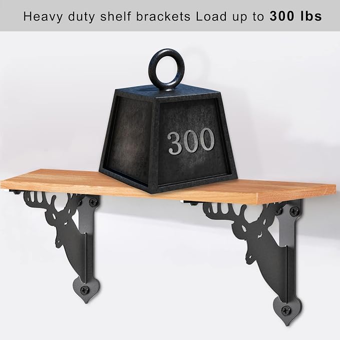 SELEWARE Heavy Duty Shelf Brackets 8 Inch, Deer Shelves Brackets, 300LB Capacity Decorative Metal L Brackets for Floating Shelves, Black Rustic Wall Mount Shelving Bracket with Screws, 2 Pack