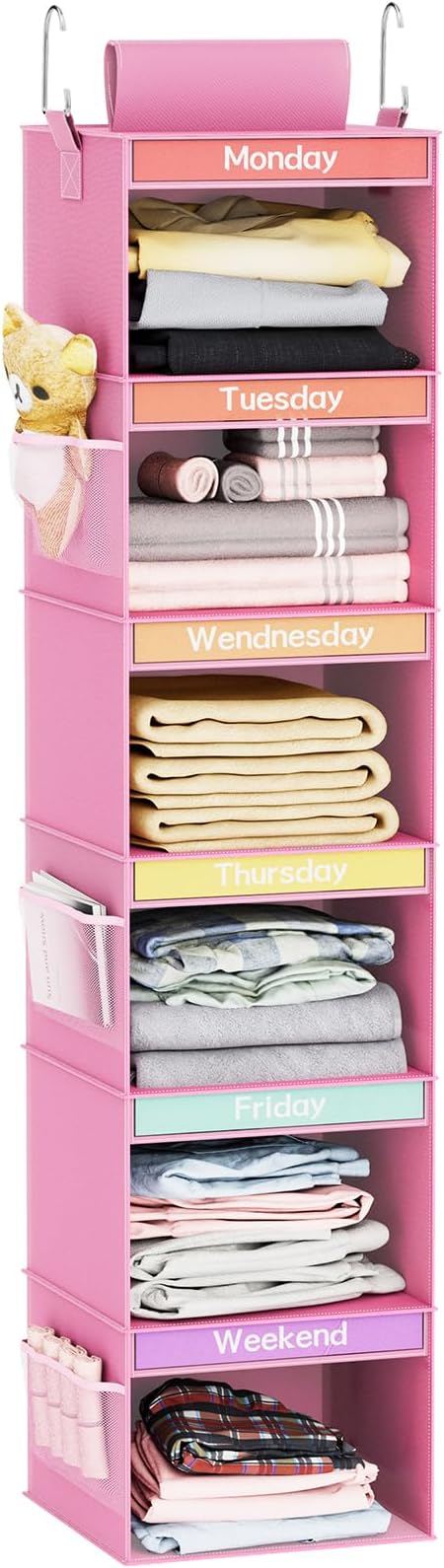 Fixwal Weekly Kids Clothes Organizer 6-Shelf Hanging Closet Storage Pink