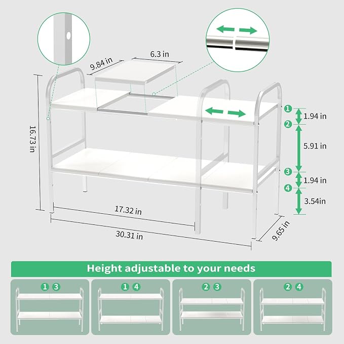 Expandable 2-Tier Under Sink Organizer, 8 Removable Plastic Boards, Tool-Free Installation (White, 2-Tier 8 Boards)