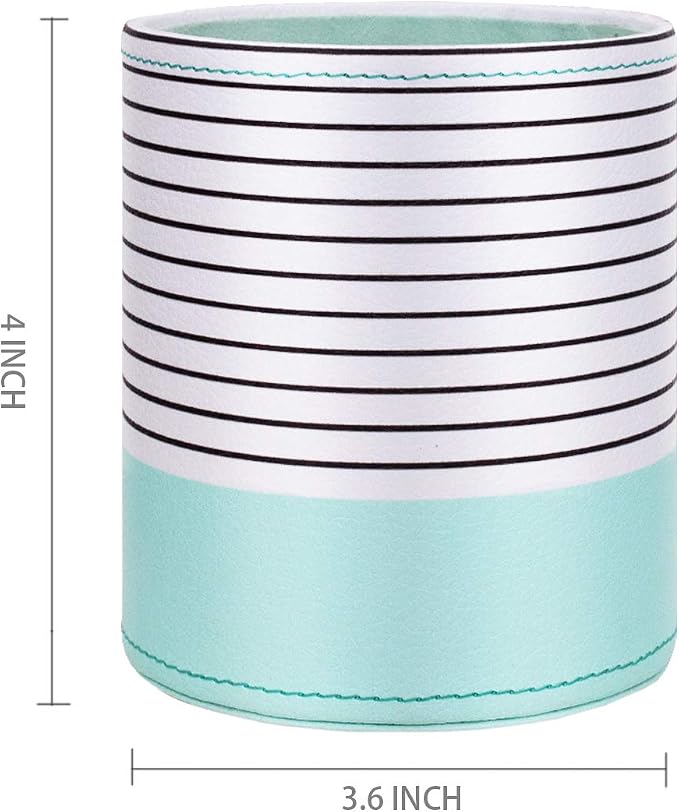 Pen Holder, Pencil Cup Pot Desk Organizer Multi Purpose Use Cute for Adults Kids Luxury Leather Makeup Brush Holder for Home, Office, Classroom, Stripes Mint Green