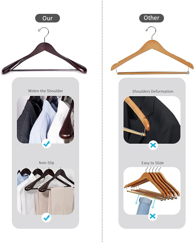 Nature Smile Luxury Mahogany Wooden Suit Hangers - 6 Pack - Wood Coat Hangers,Jacket Outerwear Shirt Hangers,Glossy Finish with Extra-Wide Shoulder, 360 Degree Swivel Hooks & Anti-Slip Bar with Screw