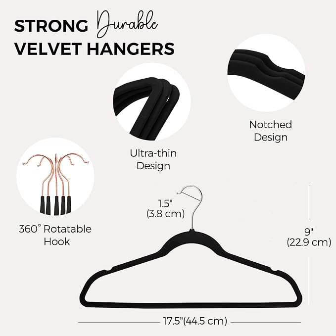 HOUSE DAY Premium Velvet Hangers, Non-Slip Flocked Felt, Sturdy Coat & Suit Hangers for Closet Space Saving (100 Pack, Black)