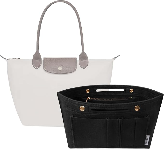 Vercord Purse Organizer Insert for Long champ Felt Organizer Insert with Zipper Handbag Insert Tote Shaper Storage Bag Black S