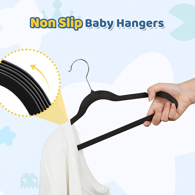 Smartor Premium 14 Inch Kids Hangers 50 Pack, Baby Velvet Hanger Non Slip | Black Space Saving Felt Hangers Clothes Organizers for Closet with 360° Swivel Hook for Children, Toddler & Teens