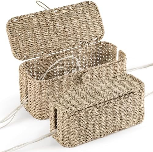 Bluewest 2-Pack Cable Management Box with Lids, Rattan Cord Organizer