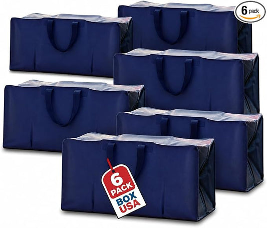BOX USA 6-Pack Moving Bags with Strong Handles & Zippers - Heavy Duty Extra Large Packing Bags for Storage, Moving Boxes, Dorm & College Supplies, Blue