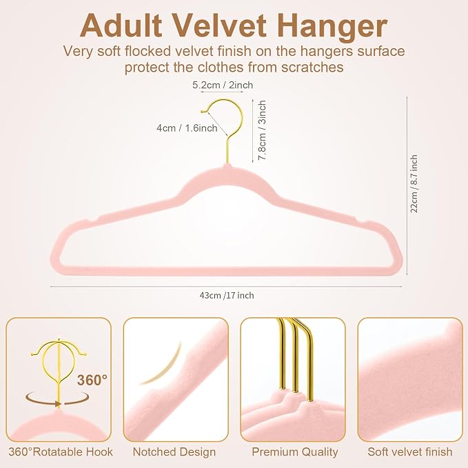 TIMMY 36-Pack Velvet Hangers with Gold Hooks - Space-Saving Non-Slip Heavy-Duty Clothes Hangers for Coats, Suits, Dresses, and Sweaters - Slim Design (Blush Pink+Gold)