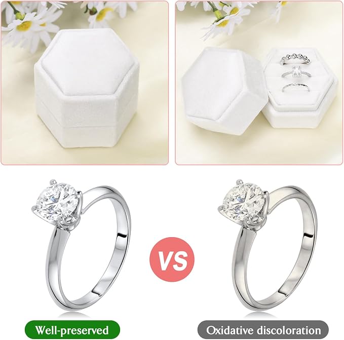 WantGor Velvet Jewelry Ring Box, 3 Slots Hexagon Ring Gift Box Ring Holder | Vintage Ring Display Case for Wedding Ceremony Proposal Engagement (White)