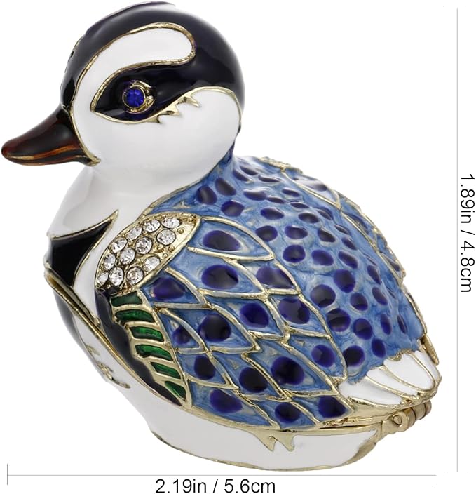 Hand Painted Enamel Duck Trinket Box for Home Decor, Hinged Jewelry Organizer for Ring Earrings, Unique Figurine Keepsake Collectible Personalized Elegant Handmade Ornament Gifts (Blue Cartoon Duck)