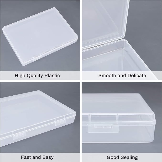 BENECREAT 4 Pack 8.8x6.5x1.2 Large Rectangle Clear Plastic Storage Containers Large Box Case with Double Buckles for Cards, Pens, Beads and Jewelry Findings