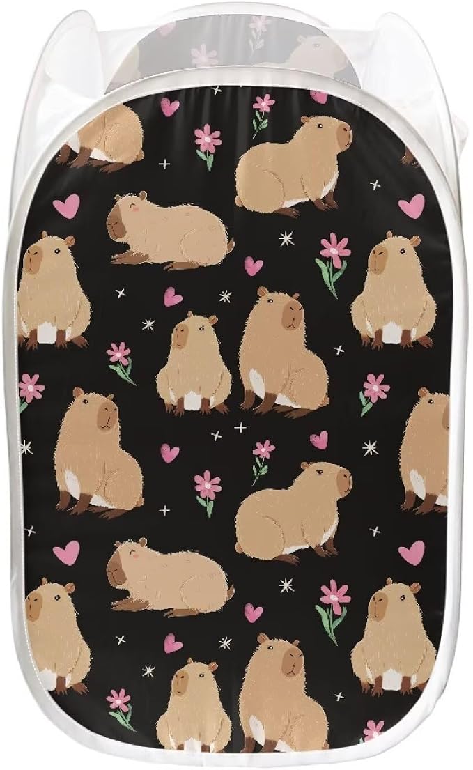 AFPANQZ Capybara Print Pop-Up Laundry Hamper with Side Pocket Mesh Fabric Collapsible Design for Clothes Laundry Home Organization Foldable Nursery Hampers 61L