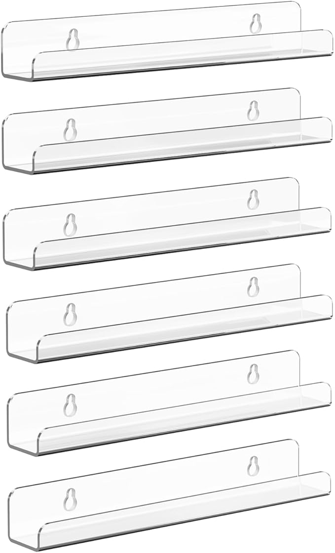 Meaocer Vinyl Record Shelf Wall Mount, 6 Pack 12 inch Clear Acrylic Album Record Holder Display, Kids Bookshelf, Floating Wall Shelves for Bathroom, Bedroom, Living Room, Kitchen (Clear-6pcs)