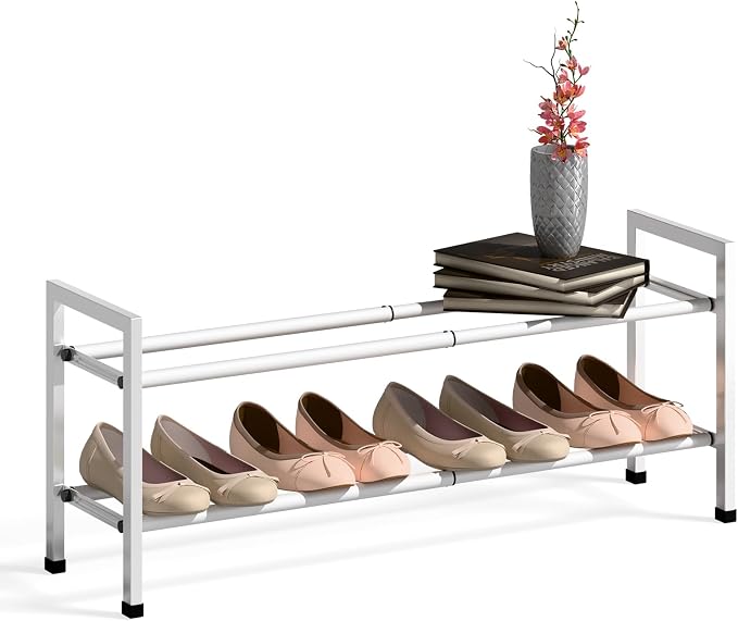 Bumusty 2-Tier Expandable Shoe Rack for Closet, 18“-33” Adjustable Shoe Rack for Small Space, Small Shoe Organizer for Front Door, Sturdy Metal, White
