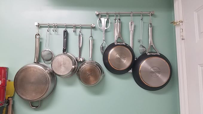 Audmore Kitchen Utensil Rack 2PCS, 15.6” Pot & Pan Hanging Rack Wall Mount | 304 Stainless Steel Lid Cooking Utensil Hanger, 7 Sliding Hooks for Spatula Spoon, Measuring Cups, Coffee Mug, Space Saving