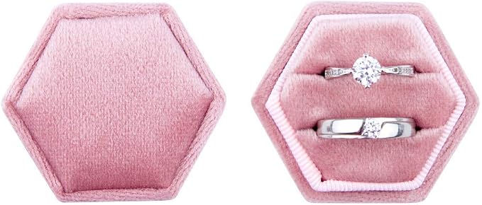 DesignSter Velvet Ring Box Hexagon - Premium Gorgeous Vintage Double Ring Display Holder with Detachable Lid for Proposal, Engagement, Wedding, Ceremony (Pink)