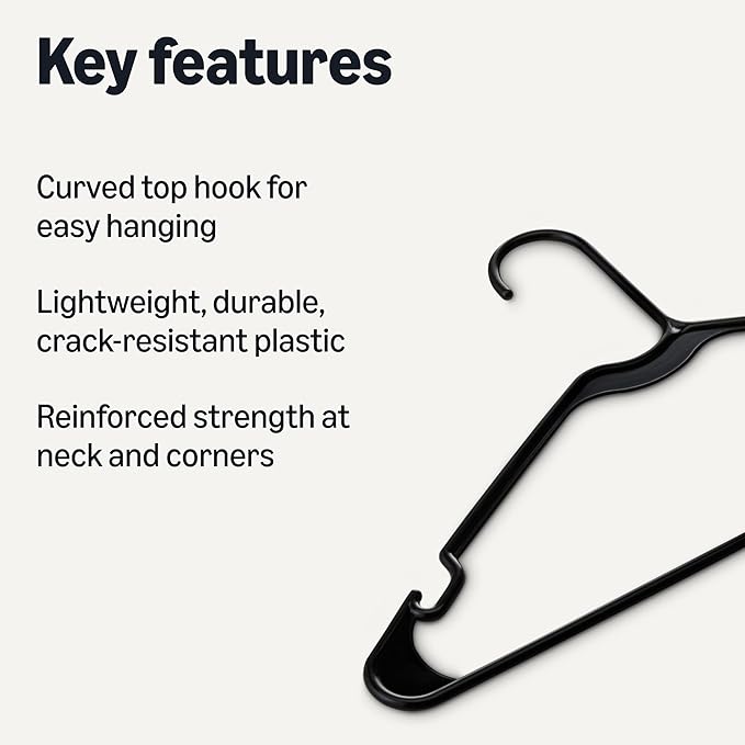 Amazon Basics Space Saving Plastic Clothes Hangers, Sturdy Closet Organizer for Shirts and Jackets, Adult Size, Black, 50-Pack