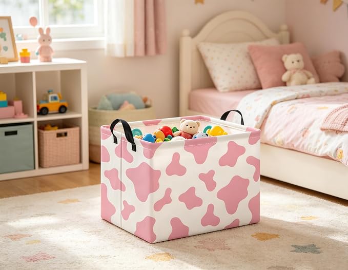 Rectangular Baby Kids Storage Basket for Home Kitchen Girls Cute Toy Storage Bin Organizer Shelf Book Room Decor(Pink Cow)