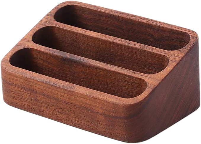 Sizikato Wooden Business Card Holder for Desk, 3 Card Slots Business Card Display Holder Stand