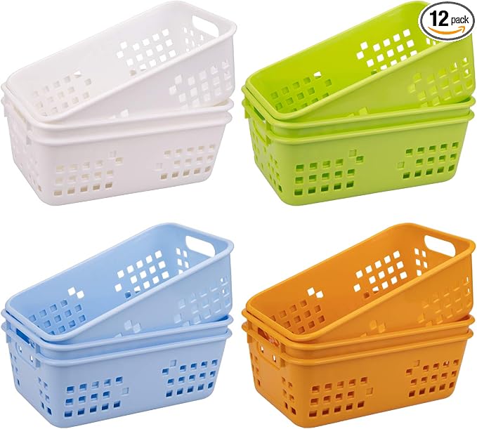 Jucoan 12 Pack Classroom Storage Baskets, Colorful Small Plastic Organizer Basket Bin, Pen Pencil Crayon Storage Tray for Home Office School Desktop, Drawers, Shelves, 4 Colors, 8.5 x 5.5 x 3 Inch