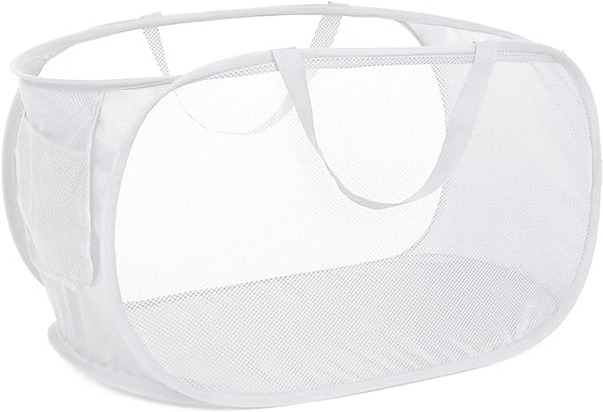 Strong Mesh Pop Up Laundry Basket, Collapsible Laundry Hamper with Side Pocket, Foldable Clothes Pop Up Hamper with Durable Reinforced Handles for Laundry, Bathroom, Kids Room, Dorm or Travel White