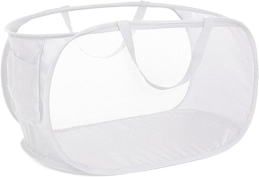 Strong Mesh Pop Up Laundry Basket, Collapsible Laundry Hamper with Side Pocket, Foldable Clothes Pop Up Hamper with Durable Reinforced Handles for Laundry, Bathroom, Kids Room, Dorm or Travel White