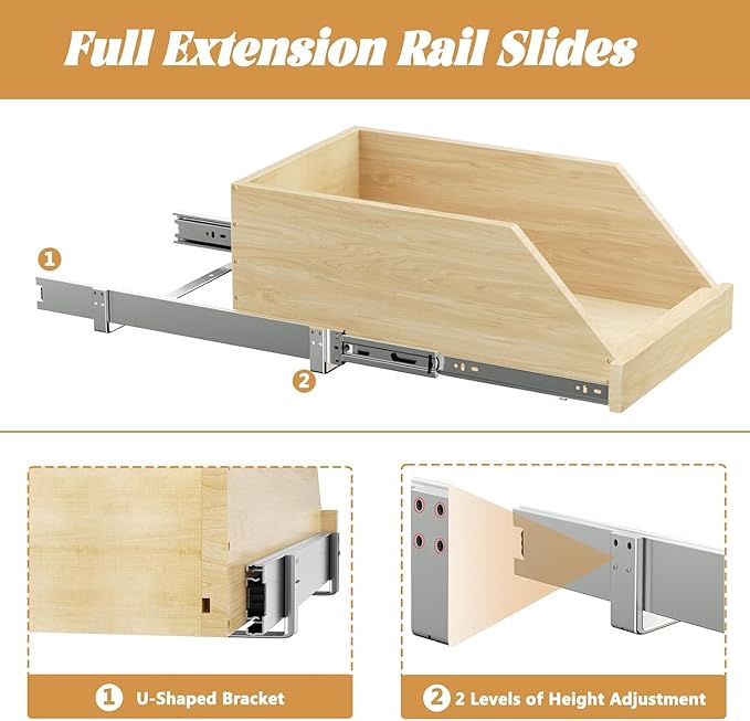 Pull Out Cabinet Organizer, Slide Out Wood Drawer Shelf, Pull Out Drawers for Cabinets, 8" High Beveled Pull Out Organizers for Kitchen Pantry, 19½" W×21" D
