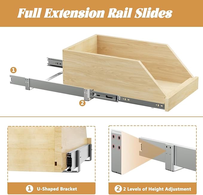 Pull Out Cabinet Organizer, Slide Out Wood Drawer Shelf, Pull Out Drawers for Cabinets, 8" High Beveled Pull Out Organizers for Kitchen Pantry, 16½" W×21" D