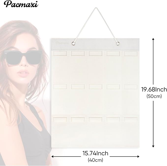 PACMAXI Sunglasses Storage Organizer, Wall Pocket Mounted by Sunglasses, Hanging Eyeglasses Storage Holder, Eyewear Display. (Ivory white, 15 Slot)