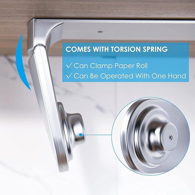 simpletome ONE Hand Paper Towel Holder Under Cabinet (Pearl Chrome Silver) | tension arms, tear one/more sheets at one time | aluminum alloy+abs | adhesive or drilling for wall/cabinet | for 28cm roll