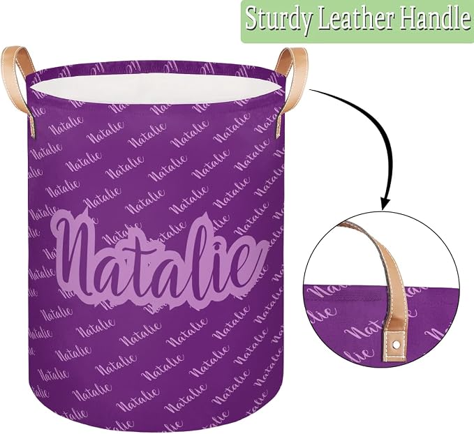 Personalized Laundry Basket, Custom Gift Laundry Hamper, Collapsible Nursery Waterproof Laundry Baskets, Dirty Clothes Toy Hamper with Handles Name Text Purple