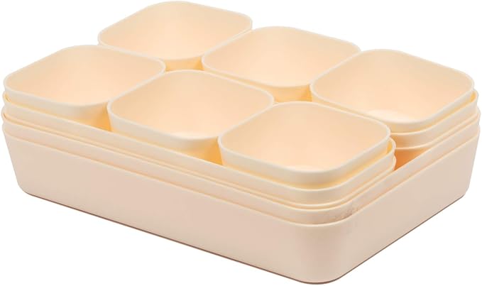 Set Of 12 Beige Color Plastic Desk Drawer Organizers For Makeup Bathroom Office Kitchen Vanity Drawer Storage Box Container
